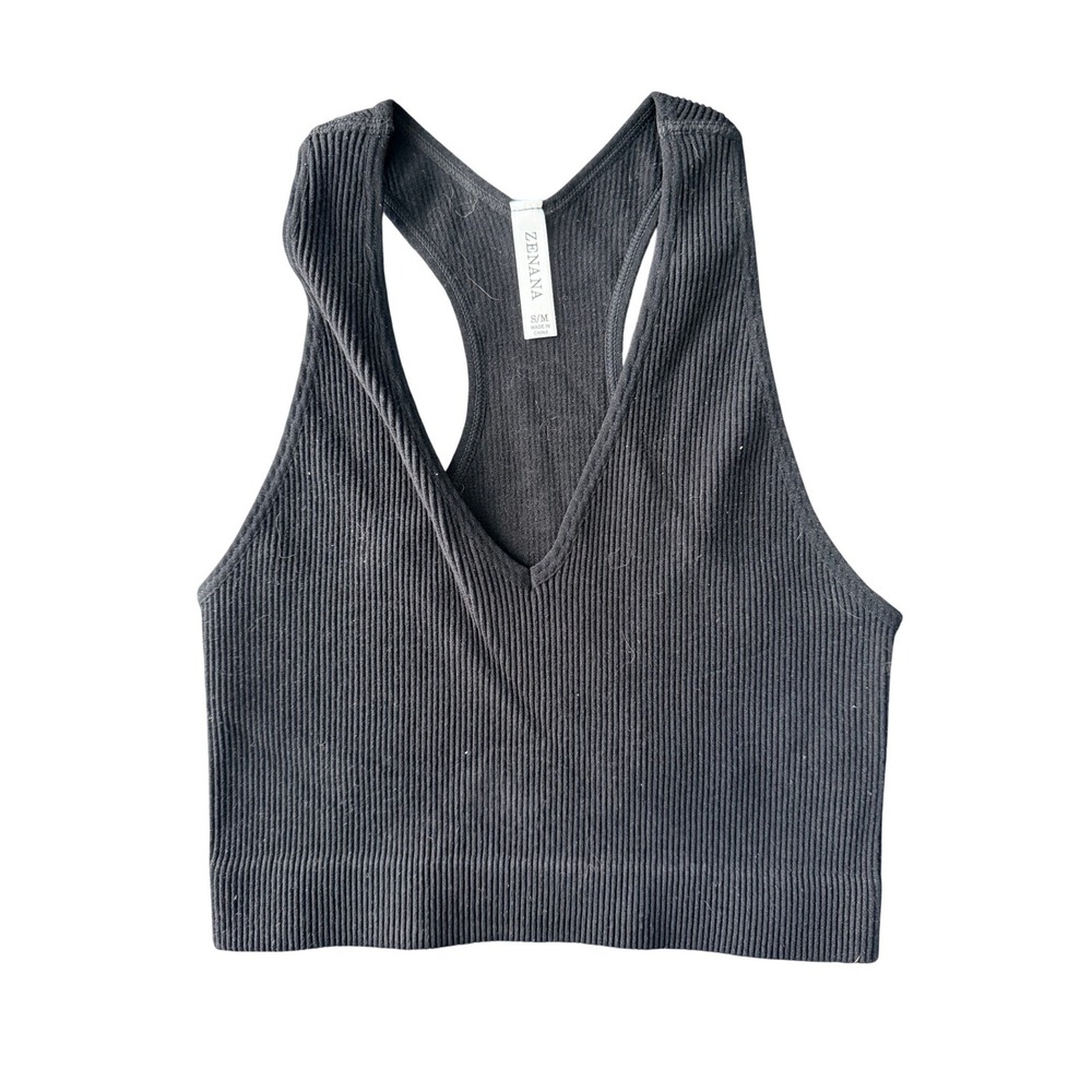 Zenana Ribbed Seamless Crop Top Black V Neck Racerback Tank S/M - Picture 1 of 2